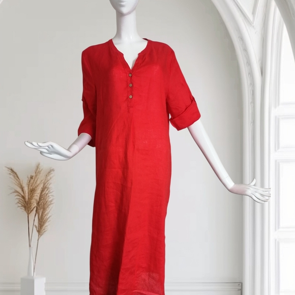 Cream Dresses & Skirts - NEW CREAM Effortless Red Button-Front Midi Dress 100%linen